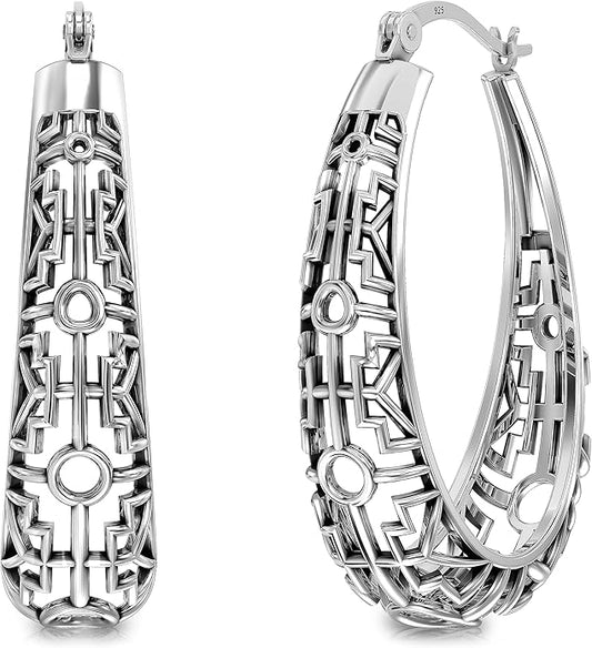 LeCalla 925 Sterling Silver Hoop Earrings for Women | Women's Filigree Hoop Earrings | Antique Oxidized Openwork Mesh Filigree Cut Earring Chunky Hoops | Hypoallergenic Vintage Filigree Oval Hoop Earrings for Women
