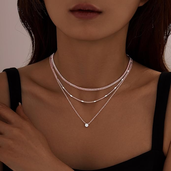 WomenGifts Layered Gold Necklaces for Women, 14K Gold Sterling Silver Plated Dainty Pendant Necklace Set with Cubic Zirconia Circle, Chunky Stackable Cuban Chain Choker, Trendy Personalized Birthstone Jewelry Gift Non Tarnish