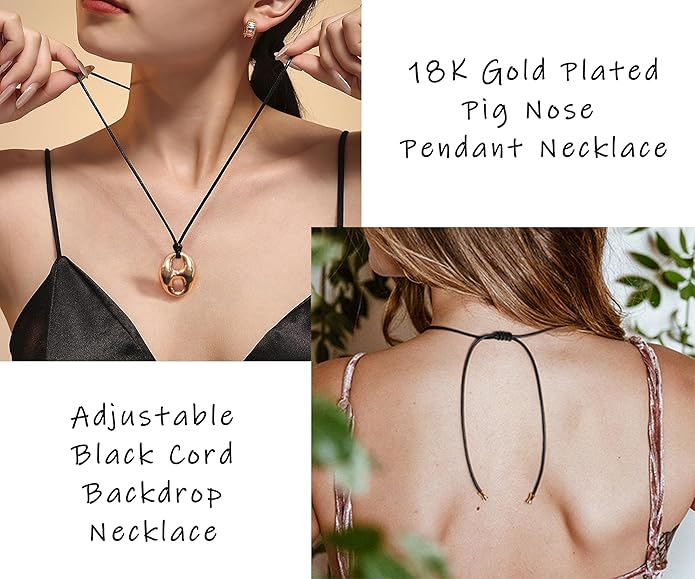 Aobei Pearl Y Shaped Long Necklaces for Women Large 18K Gold Plated Pig Nose Pendant Choker Adjustable Black String Cord Necklace Boho Handmade Jewelry