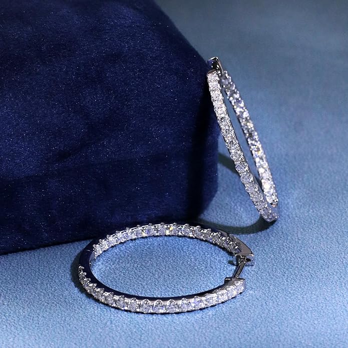 Moissanite Hoop Earrings for Women, S925 Sterling Silver, 18K White Gold Plated, D Color VVS1