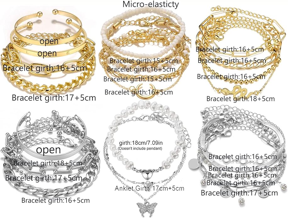 17IF 18-25 PCS(6 Pack) Boho Gold Bracelets Set for Women Stackable Chunky Dainty Bangles Adjustable Chain Flat Cuff Cuban Punk Charm Bundle Jewelry
