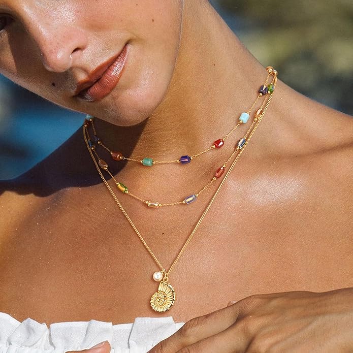 MTMY Beaded Necklaces for Women 14K Gold Plated Dainty Colorful Green/Rose Beaded Pearl Choker Necklace Delicate Boho Choker Necklace Jewelry Gift