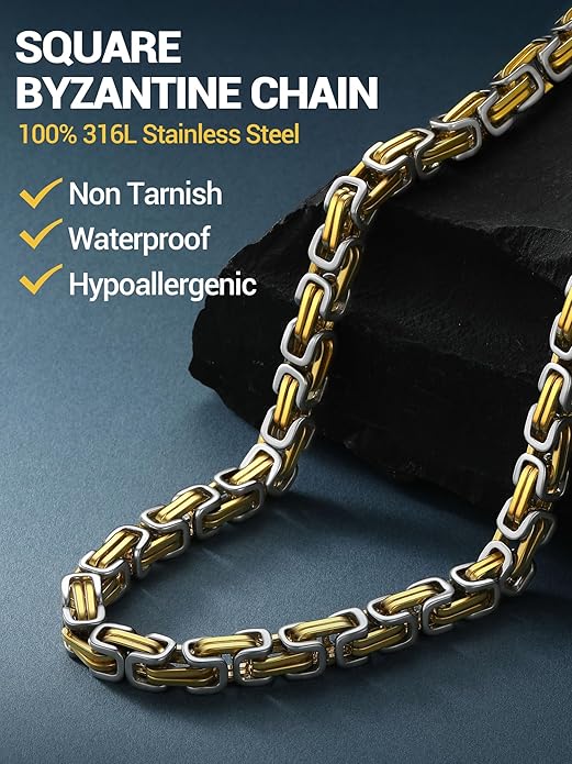 PROSTEEL 4MM/6MM/8MM Stainless Steel Necklace for Men Women, Stylish and Cool, Byzantine Chain Black Gold Silver Tone, 18-30 Inches, Come Gift Box