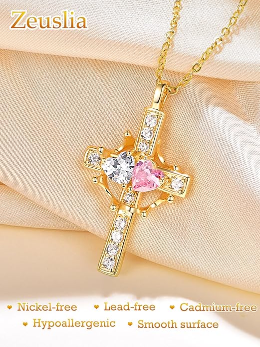 Zeuslia Double Birthstone Necklace Gifts for Wife - 925 Sterling Silver Sunflower/Rose/Crown Cross/Compass/Heart Pendant I Love You Necklace, Anniversary Birthday Gifts for Wife Girlfriend Mom Her
