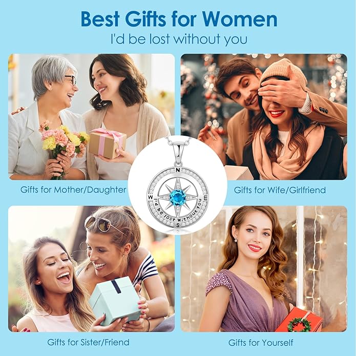 Zifeel Compass Necklace Gifts for Women wife - S925 Sterling Silver Birthstone Necklaces for Women - Anniversary Birthday Gifts for Her Wife Girlfriend - Valentines Mom Mothers Day Christmas Gifts Jewelry for Women