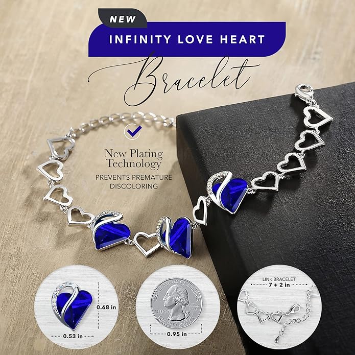 Leafael Infinity Love Heart Link Bracelets, Birthstone or Healing Stone Crystal Bracelet for Women, Silver Tone Jewelry Gifts for Her, 7-inch Chain and 2-inch Extender