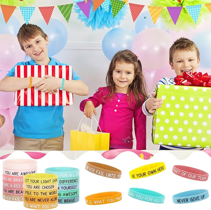JUNEBRUSHS 64pcs Motivational Silicone Bracelets Bulk Colored Inspirational Rubber Wristbands Unisex for Student Teacher Office Prizes Gifts Back to School Party Favor Supplies (16 Designs)