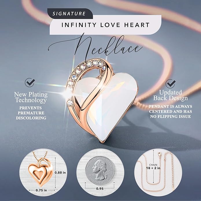 Leafael Rose Gold Plated Necklace for Women: Heart Shaped Birthstone/Healing Crystals Center, Dazzling Cubic Zirconia, Hypoallergenic Chain (18"+2"), Jewelry Gifts for Anniversaries and Birthdays