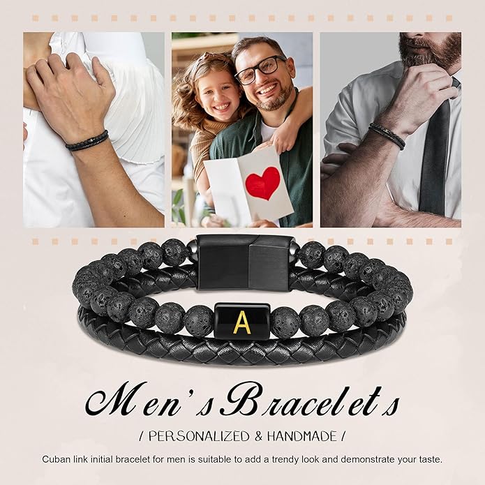 FOCOOG Leather Bracelets for Mens Gifts - Premium Genuine Leather Natural Lava Rock Matte Agate Adjustable Stainless Steel Magnetic Clasp Initial Bracelet, Unique Gifts for Men Husband Dad Son