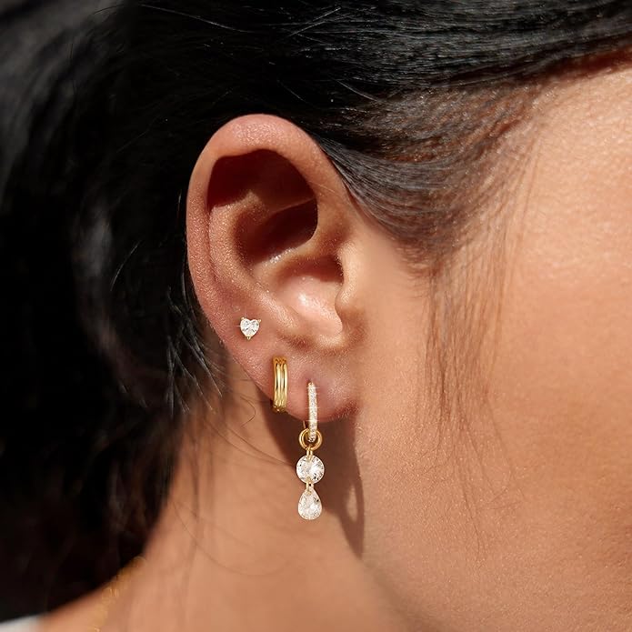3 Pairs Earrings Set for Multiple Piercings, Gold Plated Studs Hoop Earrings Stack, CZ Dangle Earrings Set, Hypoallergenic for Sensitive Ears, Women's Gift