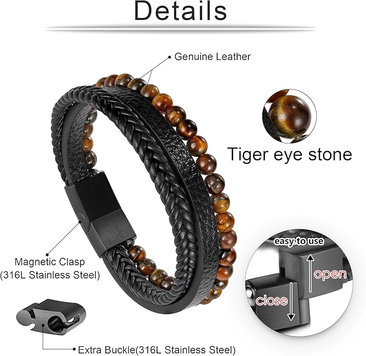 Gifts for Men - Layered Leather Beads Bracelet, Tiger Eye Lava Rock Stone Braided Leather Bracelets for Men Adjustable Magnetic Clasp Birthday Gifts