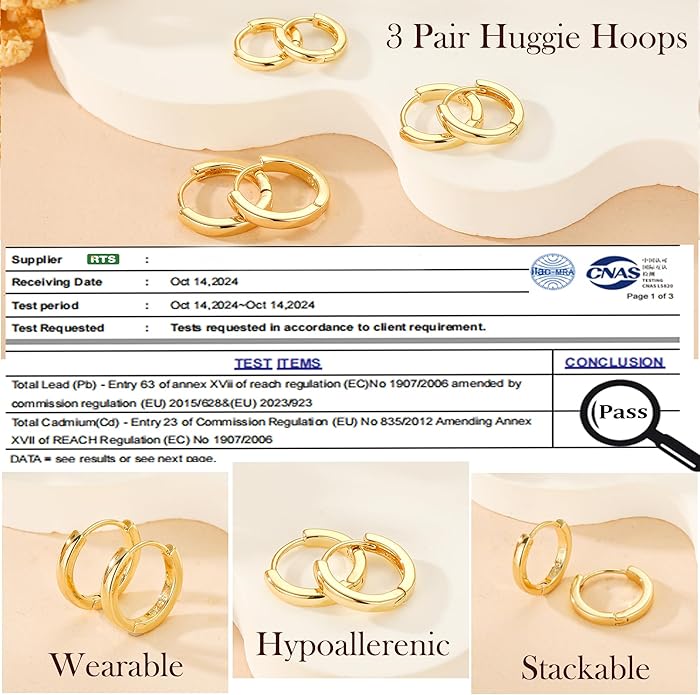 DORANA Valentines Day Gift 3 Pairs 925 Sterling Silver Earrings for Women Girls Non Tarnish Small Hypoallergenic Huggie Hoops Cartilage Stack Earring Sets for Multiple Piercing
