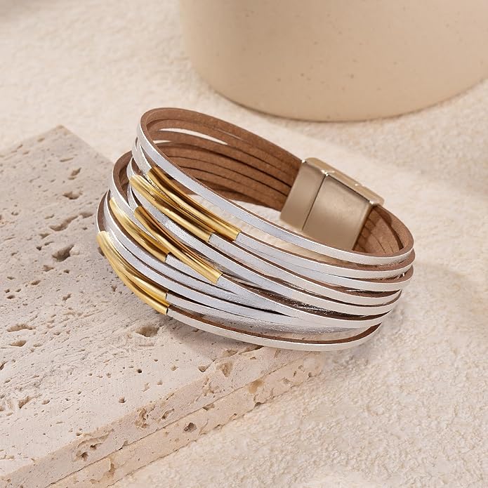 ENGCKSHI Wrapped Bracelets for Women,Leather Bracelet,Boho Bracelets for Women,Multi-Layer Pearl Crystal Bracelet Bangle Jewelry