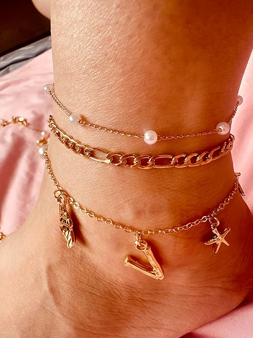 Initial Charm Anklets For Women Shell Letter Anklets Set Gold Charms Pendant Boho Summer Seashell Beach 14k Jewelry for Women Gift