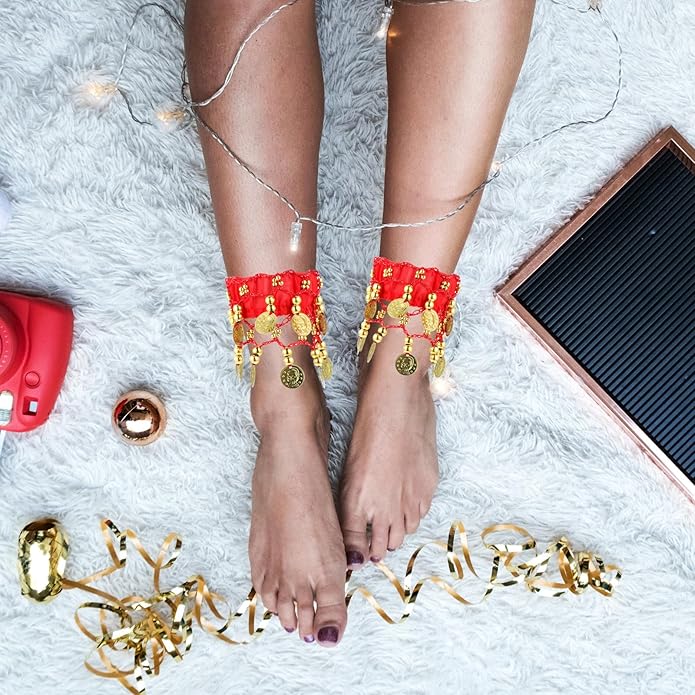 Belly Wrist Arm Bracelet - 2pcs Belly Ankle Bracelets with Coins Jewelry Anklet Chiffon Cuff Wrist Ankle Cuffs Costume Accessories