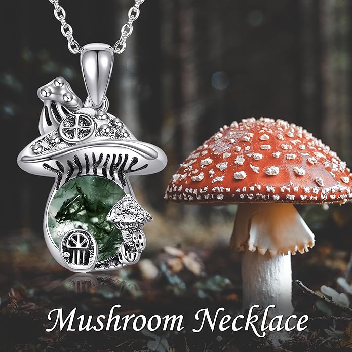 YAFEINI Mushroom Necklace Moonstone/Moss Agate/Malachite/Labradorite/Turquoise/Amber/Larimar/Black Onyx/Lapis Lazuli/Peridot/Opal Sterling Silver Mushroom Pendant Mother's Day Jewelry for Women Mom