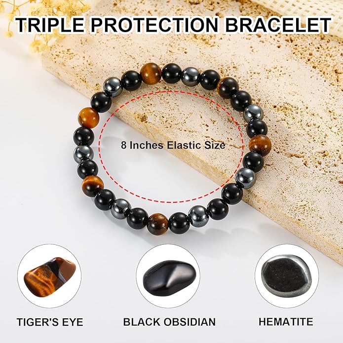 Triple Protection Bracelet for Men, Mens Black Obsidian Hematite Tiger Eye Beaded Natural Stone Evil Eye Bracelet Jewelry Gifts for Birthday Christmas