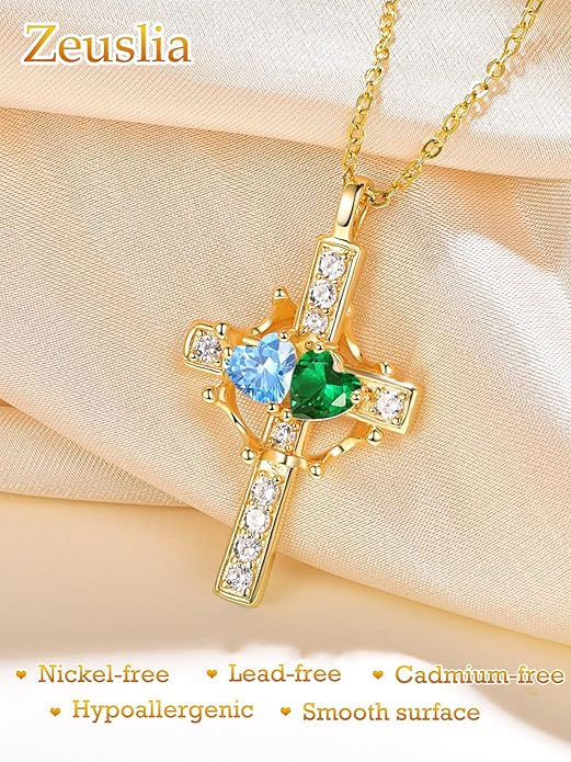 Zeuslia Double Birthstone Necklace Gifts for Wife - 925 Sterling Silver Sunflower/Rose/Crown Cross/Compass/Heart Pendant I Love You Necklace, Anniversary Birthday Gifts for Wife Girlfriend Mom Her