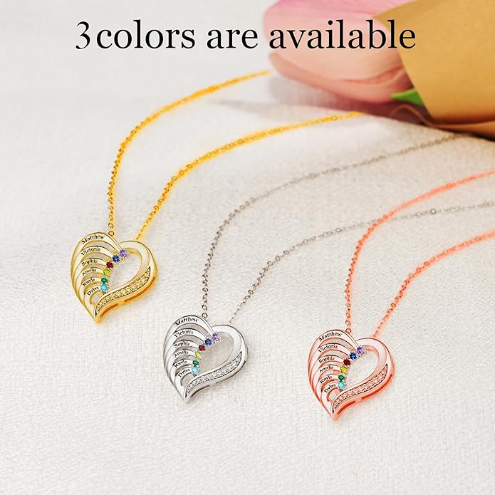 Easycosy Custom Name Necklace with Simulated Birthstones Customized Promise Necklace Heart Pendant with Engraved 2-6 Names - Anniversary Birthday Christmas Jewelry Gifts for Women Wife Mom Grandma