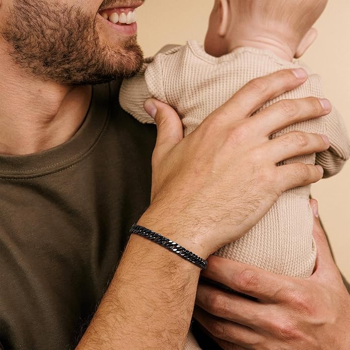 IEFLIFE Bracelet Gifts for Men Him - Silver/Black Stainless Steel Cuban Link Chain Bracelet Gifts for Son Grandson, Fathers Day Anniversary Birthday Gift for Men Husband, 8mm Bracelets Gift Jewelry