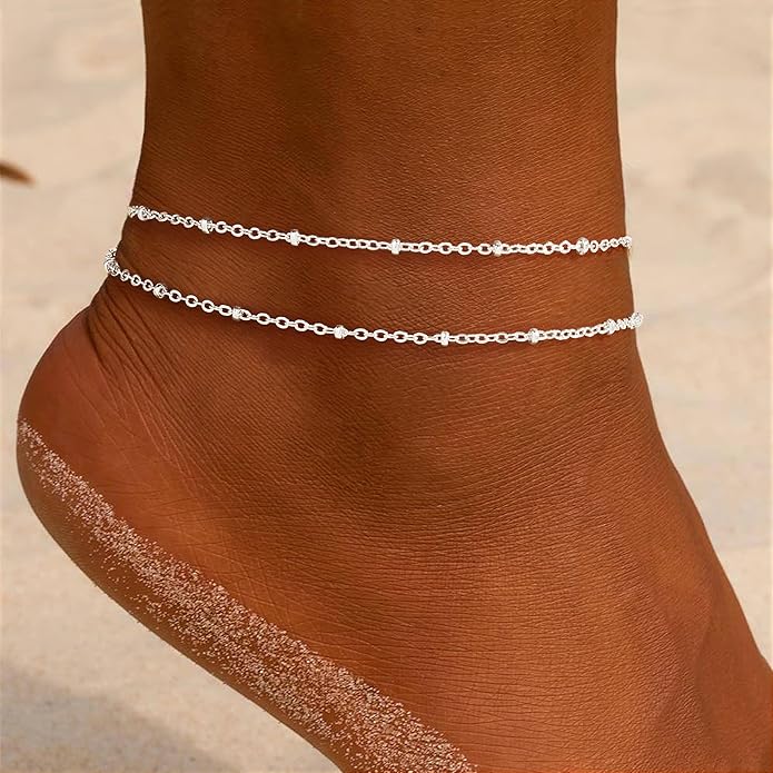 Sterling Silver Anklet Bracelets for Women Waterproof, 925 Sliver Plated CZ & Heart Charm Dainty Layer Anklets for Women Trendy, Simple Chain Anklets Set Gifts for Women, Jewelry Gifts for Her Women Mom Wife Girlfriend