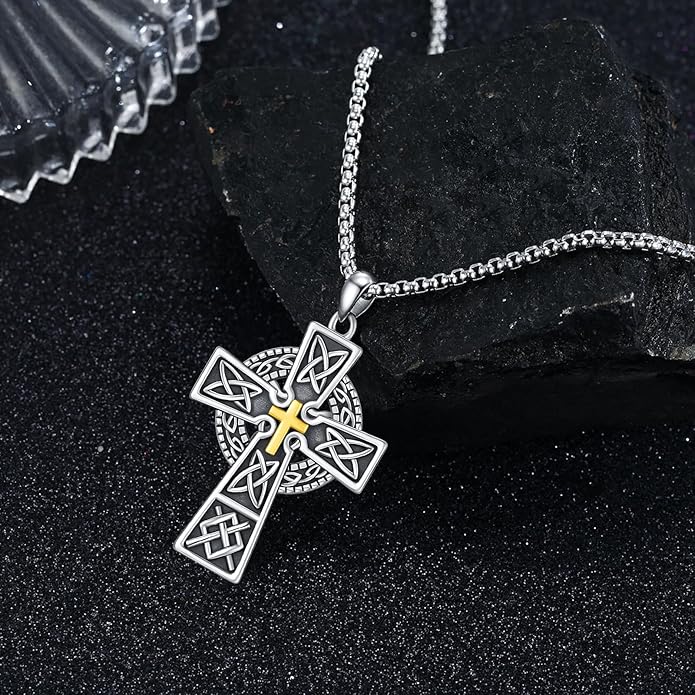 Midir&Etain Celtic Cross Necklace 925 Sterling Silver Cross Pendant Necklace Celtic Viking Irish Jewelry Religious Protective Gift for Men Women