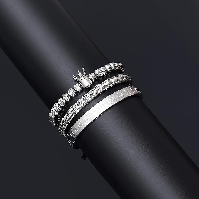 WFYOU 3PCS Stainless Steel Bracelets for Men Gold Roman Numeral Bangle Bracelet Twisted Cable Bracelet Adjustable Cuff Bracelet Mens Luxury Jewelry Bracelets Gifts