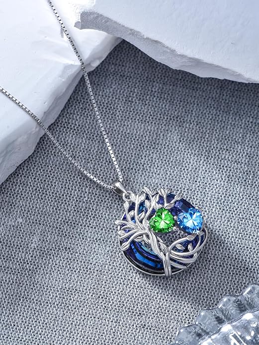 TOUPOP s925 Sterling Silver Family Celtic Tree of Life Pendant Necklaces with 2 Heart Birthstone with Blue Austrian Crystal Jewelry Birthday Anniversary Christmas Gifts for Her Wife Girlfriend Mom (18K Real White Gold Filled)
