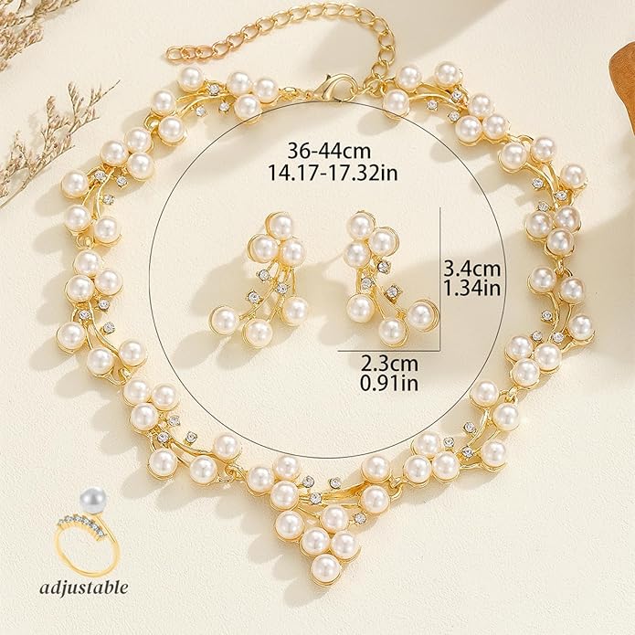 la luen Pearl Bride Wedding Jewelry Set Faux Pearls Crystal Rhinestone Necklace Earrings Bracelet Sets for Women Bridesmaid(3 PCS)