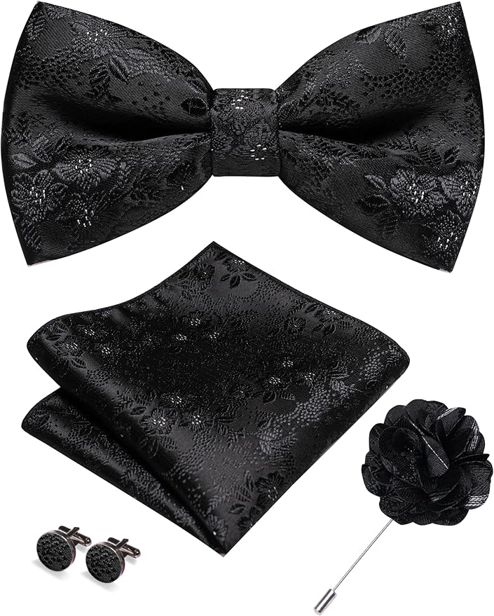 JEMYGINS Floral Pre-tied Bow Tie and Pocket Square Cufflinks Lapel Pin Sets for Men 4PCS