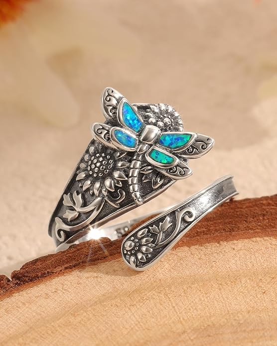 S925-Sterling-Silver Abalone Dragonfly-Turquoise Spoon Ring - Vintage Boho Sunflower Thumb Oxidized Wrap Rings Victorian Style Antique Floral Jewelry Gifts for Women
