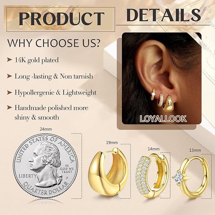 LOYALLOOK 3Pairs Gold Hoop Earrings Set for Women Trendy Huggie Hoop Earrings Stacks for Multiple Piercing 14K Gold Plated Chunky Hoop Earrings Set Hypoallergenic Cartilage Earring Lightweight