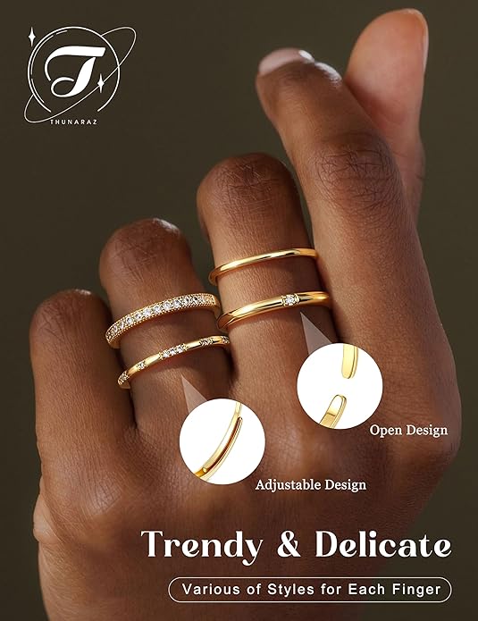 Thunaraz Gold Stackable Rings for Women Non Tarnish Open Adjustable 14K Gold Plated Rings Trendy Stack Cubic Zirconia Thin Thumb Ring Set Minimalist Dainty Statement Band Ring
