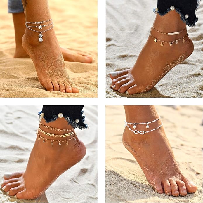 Starain 12Pcs Summer Beach Anklets for Women Waterproof Gold Silver Chain Ankle Bracelets Cute Women's Foot Anklet Set 7.9-10.5 inch Adjustable