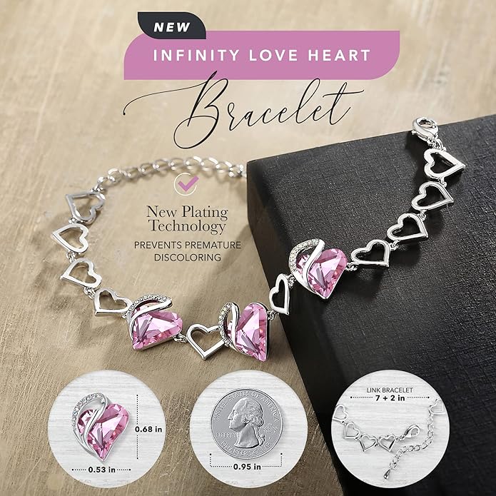 Leafael Infinity Love Heart Link Bracelets, Birthstone or Healing Stone Crystal Bracelet for Women, Silver Tone Jewelry Gifts for Her, 7-inch Chain and 2-inch Extender