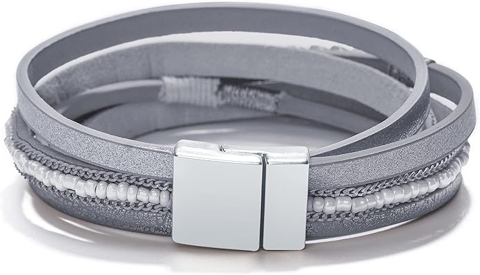 Fesciory Leather Wrap Bracelets for Women, Boho Leopard Multi-Layer Crystal Beads Cuff Bracelet Jewelry