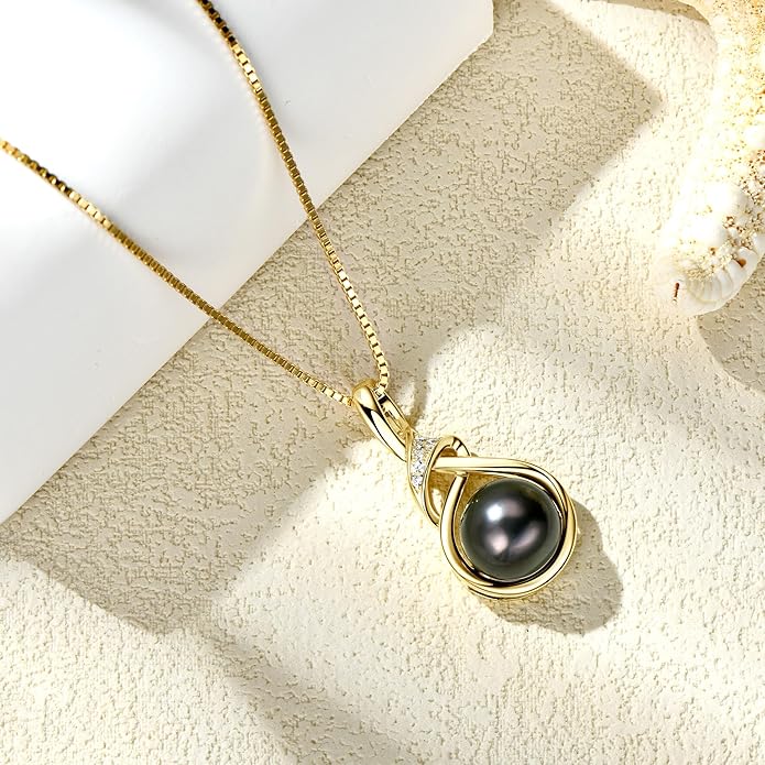 Tahitian Black Pearl Necklaces for Women, Sterling Silver Single Pearl Pendant Necklace Birthday Anniversary Jewelry Gifts for Wife Mom