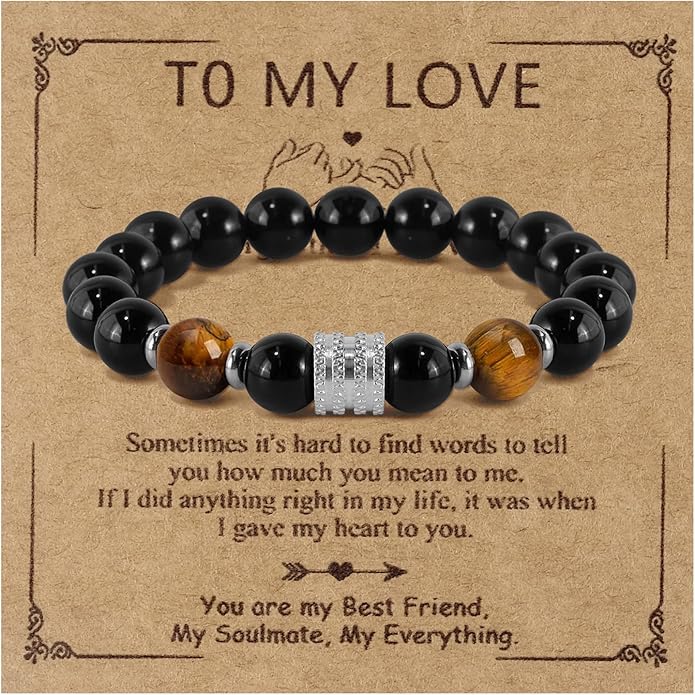 Hamoery Bracelets for Men Natural Tiger Eye Stone Beads Braided Rope Bracelet Gift for Dad Husband