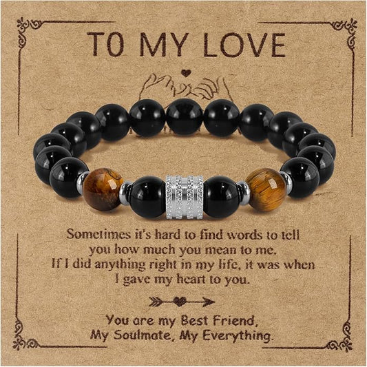 Hamoery Bracelets for Men Natural Tiger Eye Stone Beads Braided Rope Bracelet Gift for Dad Husband
