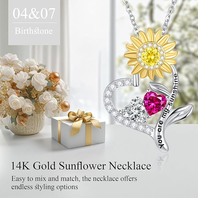 PERJI Valentine's Day Gifts for Women - 925 Sterling Silver Double Birthstone Sunflower Necklace, Anniversary Birthday Jewelry You are My Sunshine Gifts for Wife Couple Girlfriend 18"+2" Non Tarnish