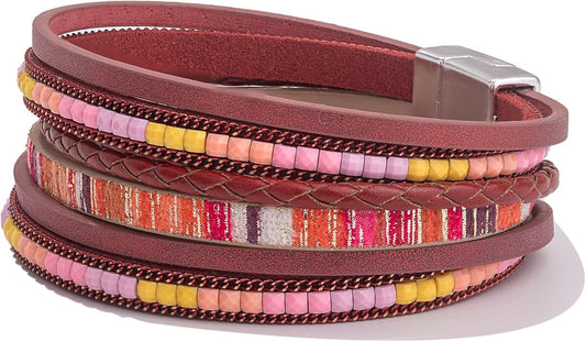 FANCY SHINY Boho Leather Wrap Bracelets Trendy Layered Bracelets with Magnetic Clasp Strackable Bohemian Jewelry Gifts for Women