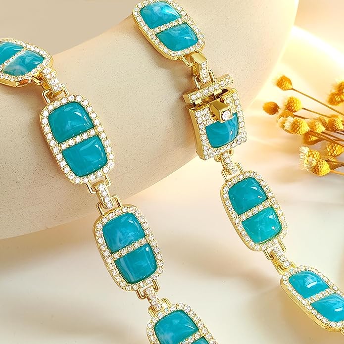 Chunky Necklace for Women 12 Colors Diamond Stone Gold Statement Necklace for Women Full Trendy Blue Birthstone Choker Necklace for Women Square Design Necklace Jewelry