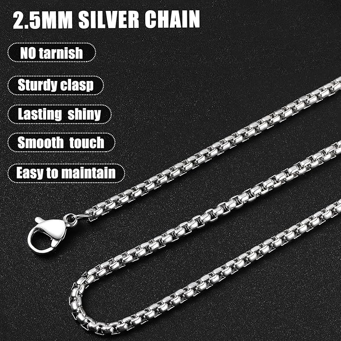 Fiusem Box Chain for Men, Silver Tone/14K Gold Plated/Black Stainless Steel Necklace for Men and Women, Width 2/2.5/3/4/5mm, Length 18-28 Inches