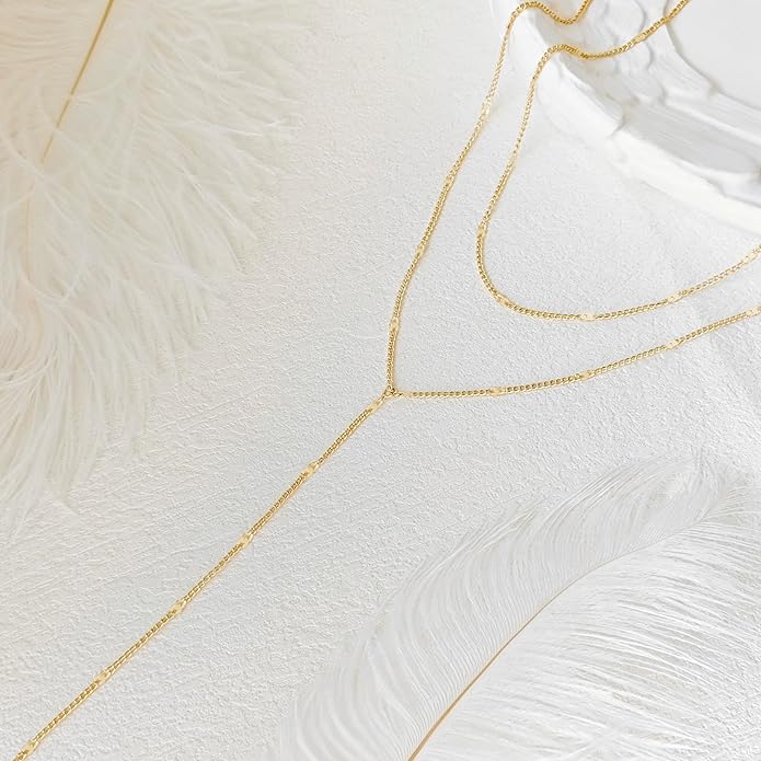 Zeffy Lariat Gold Necklace for Women, Dainty Long Necklace 14k Gold/Silver Plated Layered CZ Beaded Bar Chain Y-Shaped Body Chain Stack Drop Wedding Necklace Trendy Simple Gold Jewelry Gifts
