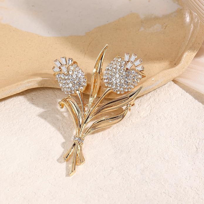 DONABUS Crystal Brooch Vintage Floral Gold Pin Micro Pave Daisy/Tulip Rhinestone Embellishment for Women Holiday styles.