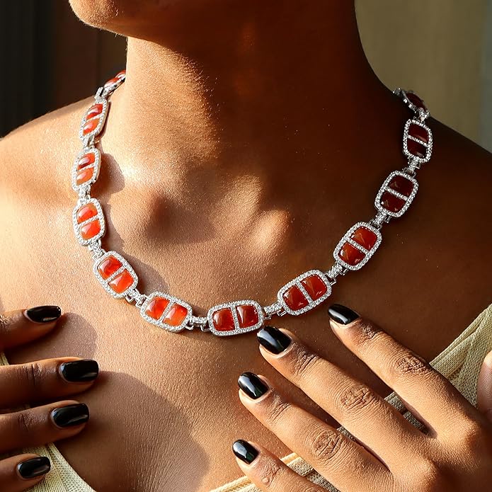 Chunky Necklace for Women 12 Colors Diamond Stone Gold Statement Necklace for Women Full Trendy Blue Birthstone Choker Necklace for Women Square Design Necklace Jewelry