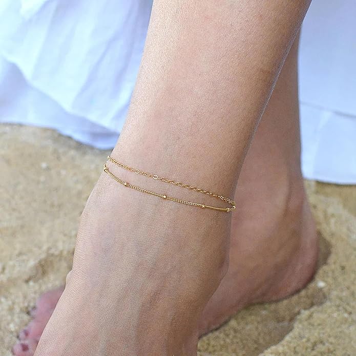 Pencros Dainty Layered Anklet,14K Gold Filled Cute Beads Satellite Chain Heart Boho Adjustable Anklets for Women