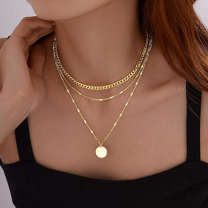 WomenGifts Layered Gold Necklaces for Women, 14K Gold Sterling Silver Plated Dainty Pendant Necklace Set with Cubic Zirconia Circle, Chunky Stackable Cuban Chain Choker, Trendy Personalized Birthstone Jewelry Gift Non Tarnish