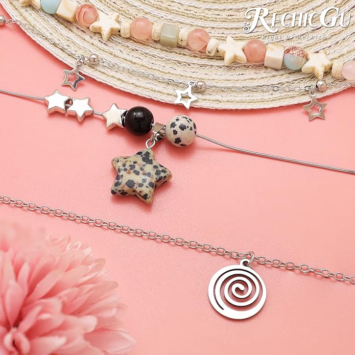 Multilayer Y2k Star Necklace Fairy Grunge Bracelets Set Handmade Fairycore Grunge Jewelry Gothic Swirl Star Necklace Punk Rock Roll Music Guitar Grunge Accessories for Women Men