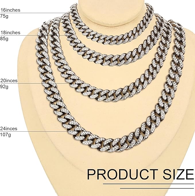 Batiyeer 3 Pcs Cuban Link Chain Necklace Bracelet Rhinestone Hoop Earrings Bling Crystal Hip Hop Jewelry for Women(16 Inch,Steel Black)